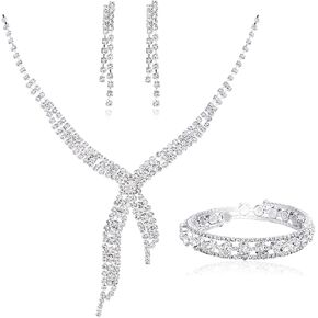 مجموعة مجوهرات زفاف من حجر الراين الكريستالي من كوكسيفا، قلادة وشراشيب بطبقات فضية مكونة من قلادة واقراط لحفلات الزفاف (4 قطع)، معدن، كريستال in Kuwait