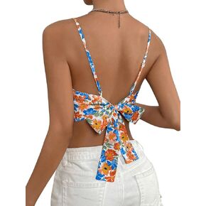 MakeMeChic Women's Boho Floral Print Tie Backless Spaghetti Strap Camisole Sleeveless Crop Cami Top