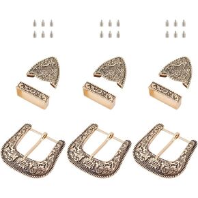 BENECREAT 3 Sets Antique Gold Belt Buckle Set, 1.5inch Wide Western Cowboy Buckle Alloy Belt Buckle Replacement for Interchangeable Buckles