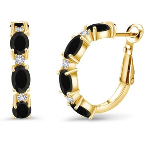 Gem Stone King 18K Yellow Gold Plated Silver Black Onyx and White Created Sapphire Hoop Earrings For Women (3.44 Cttw, Gemstone Birthstone, Oval 6X4MM)