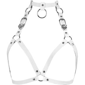 Women's Leather Tops Lingerie Full Cage Harness Body Punk Gothic Garter Belts Waist Belt Adjustable Size Festival Rave (White)