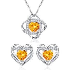Iefil Birthstone Necklace and Rose Heart Birthstone Earrings Set