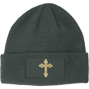 Custom Patch Beanie Gold Outline Orthodox Cross Embroidery Acrylic