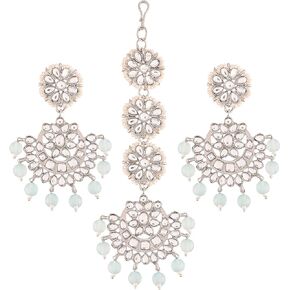 I Jewels 18K Rhodium Plated Indian Wedding Bollywood Kundan & Faux Pearl Chandbali Earrings with Maang Tikka Set (TE2911Z)