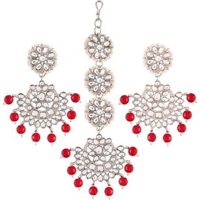I Jewels 18K Rhodium Plated Indian Wedding Bollywood Kundan & Faux Pearl Chandbali Earrings with Maang Tikka Set (TE2911Z)