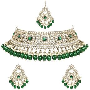 I Jewels Gold Plated Indian Wedding Bollywood Kundan Pearl Hanging Choker Necklace Jewellery Set With Earrings & Maang Tikka For Women And Girls