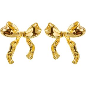Bow Earrings Gold For Women Dangle Dainty Long Small Cute Aesthetic 14k Gold Plated Bowknot Ribbon Tassel Earrings And Choker Necklace Set Christmas Jewelry Gift For Daugther Girlfriend