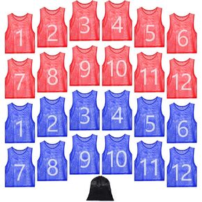 24 Pcs Nylon Mesh Pinnies with Numbers Scrimmage Jerseys for Kids Scrimmage Vest Soccer Bibs for Youth Adult with Carry Bag