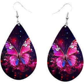 Teardrop Earrings For Women Animals Butterfly Pink Aqua Rainbow Pattern Double-Sided Dangle Earring For Women Girls, Lightweight Wood Earrings Birthday Friendship Jewelry