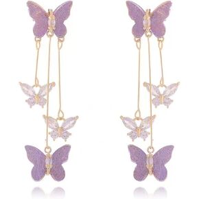 XYAYOU 3D Purple Crystal Butterfly Rhinestone Tassel Long Drop Dangle Earrings for Women Girls Jewelry Gifts