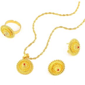 Flower Jewelry Set Ethiopian Gold Jewelry Sets Earrings Pendant Ring with Stone African Habesha Nigeria Jewelry