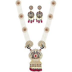 HASHONE Peacock Design White & Golden Pearl Long Necklace With Matching Earrings For Women