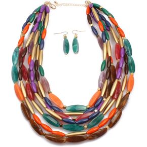 Fashion Handmade Ethnic Bib Necklace Earrings Set Multicolor Boho Vintage Statement Jewelry for Women