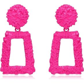 Exaggerated Rectangle Statement Long Dangle Drop Earrings for Women Girls Hypoallergenic Minimalist Metal Hot Pink Plated Geometric Big Round Disc Stud Earring Dangling Hanging Lightweight Fashion Y2K 70s 80s 90s Jewelry Party Gifts