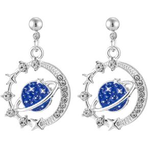 Star Moon Earth Earrings for Women Girls Gold Silver Plated Shiny Rhinestone Cubic Zirconia Creative Enamel Blue Saturn Planet Meteor Celestial Pendant Dangle Drop Earrings for Fashion Jewelry Gifts in Kuwait
