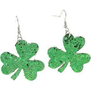 Pingyongchang St. Patrick's Day Green Clover Glitter Leather Dangle Drop Earrings Cute Lucky Irish Shamrock Earrings for Women Girls Festival Holiday Jewelry Gift
