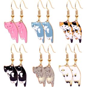 Cute Cat Dangle Earrings 6 Pairs Funny Cartoon Kitten Earrings Animals Print Cat Lovers Sets for Women Girls Vacation Valentine's Day Jewelry Gifts Cat Birthday Party Supplies Favors Classroom Rewards in Kuwait
