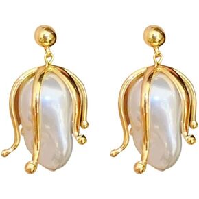 Elegant Pearl Flower Dangle Earrings for Women Girls 925 Sterling Silver Post Hypoallergenic Gold Plated Ball Studs Bellflower Irregular Shell Pearls Drop Dangling Earring Unique Christmas Wedding Holiday Jewelry Gifts