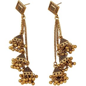 Boho Jhumka Jhumki Bell Long Tassel Dangle Statement Earrings for Women Girls Indian Oxidized Traditional Ethnic Gypsy Beads Chain Link Drop Dangling Earring Vintage Bollywood Jewelry Gifts