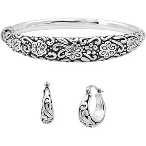 MAX + STONE 925 Sterling Silver Bracelet 7 Inch Hinged Clasp Floral Bangle with Filigree Lightweight Hoop Earrings