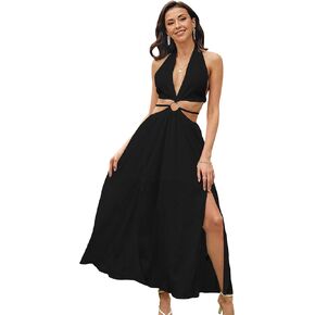 SweatyRocks Women's V Neck Cut Out Metal Front Split Thigh Tie Backless Halter Maxi Dress
