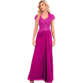 Women's V Neck Bridesmaid Dresses Long Lace Appliques Beaded Chiffon Short Sleeve Formal Dress with Pockets HS025