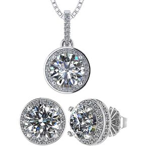 Central Diamond Center Halo Earring & Necklace Set, Solid Sterling Silver w/Pure Brilliance Zirconia - Hypoallergenic