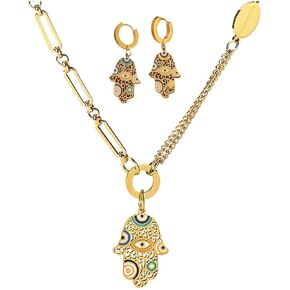 ABJFJE Fashion Gold Plated Enamel Evil Eye Earrings Necklaces Jewelry Set Stainless Steel Hamsa Eye Pendant Lucky Protection Jewelry Gift for Women Girls