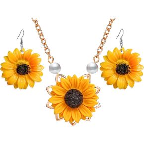 Fashion Sweet Sunflower Leaf Pendant Necklace & Earrings for Women Yellow Enamel Daisy Sun Flower Necklace Dangle Earrings Jewelry Set Gift