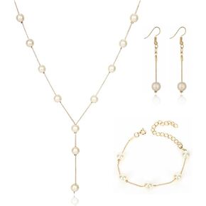 Pearl Jewelry Set for Women Girls Brides Wedding Faux Pearl Necklace Bracelet Earrings Set Simulated Pearl Set Adjustable Y-shaped Pearl Necklaces Dainty Bridesmaid Jewelry Gifts