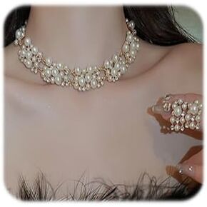 Dainty Pearl Rhinestone Necklace Earrings Set Layered Chunky Short Pearl Rhinestone Statement Necklace Earrings Set Elegant Gold Plated Wedding Bride Jewelry Set for Brides Bridesmaid