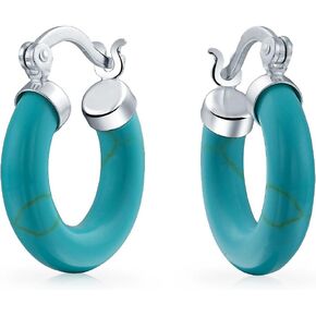 Medium Size Enhanced Gemstone Red Orange Coral Blue Turquoise Pink Jade Black Onyx Round Tube Hoop Earrings Western Jewelry For Women Teen .925 Sterling Silver .75 Inch Diameter