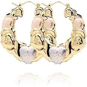 Women's 14k Gold Filled Tri Colored X Heart XO Starburst Hugs Kisses Love Puffy Hollow Hoop Earrings Small Medium Large 45-65mm
