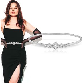 Women Skinny Metal Stretch Belt, Ladies Thin Belts Daisy Buckle Chain Belt Elastic Spring Waist Belt for Dresses Jeans