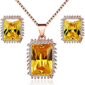 Uloveido Women Rose Gold Plated Emerald Cut Simulated Yellow Citrine Necklace Stud Earrings November Birthstone Jewelry Set Gift Y446