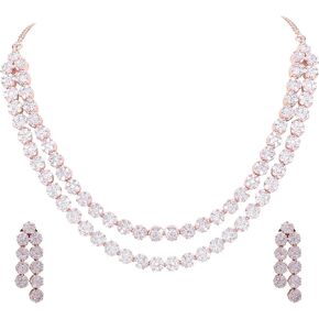 Cubic Zirconia Gorgeous Wedding Bridal Double Strand Necklace Dangle Earrings Jewelry Set RVA102