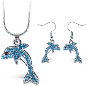 Puzzled Sparkling Dolphin Necklace and Earrings Set Charming Necklace and Earring Set - Ocean Sea Life Theme - Aqua Jewelry Always Unique Gift - Item #K6301-6351