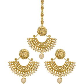 قطعة رأس على شكل قطرة من اللؤلؤ الصناعي على شكل نصف قمر ماانج تيكا مع أقراط هندية للنساء in Kuwait