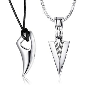 Jstyle 2Pcs Stainless Steel Pendant Necklace for Mens Spearpoint Arrowhead Wolf Teeth Pendant Chain Necklace Set