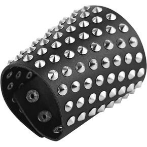 STWTR Unisex Black Metal Spike Studded Punk Rock Biker Wide Strap Leather Bracelet