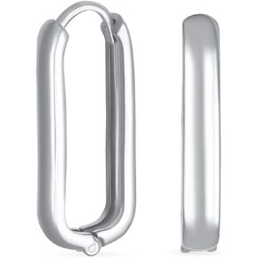 Classic Simple Two Tone Geometric Vertical U Rectangle Oval Hoop Paperclip Earrings Of Women Teens Yellow 14K Gold Plated .925 Sterling Silver Polished Hinged