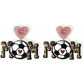 Sports Game Ball Football Baseball Rugby Volleyball Acrylic Earrings for Women Girls Shinning Glitter MOM Letter Heart Shaped Drop Dangle Earrings Sports Fans Players Mother's Day Jewelry