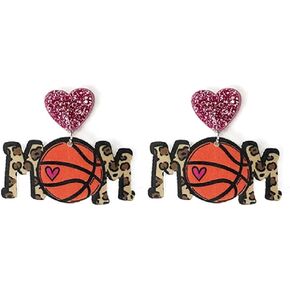 Sports Game Ball Football Baseball Rugby Volleyball Acrylic Earrings for Women Girls Shinning Glitter MOM Letter Heart Shaped Drop Dangle Earrings Sports Fans Players Mother's Day Jewelry