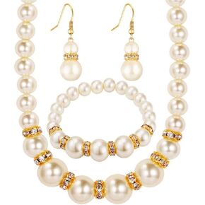 3pcs Pearl Diamonds Jewelry Necklace Earrings Bracelet Handmade Simple Vintage Style Halloween Costume Jewelry Fashion Elegant Prom Party Jewelry Gift for Wedding Bridal Couple