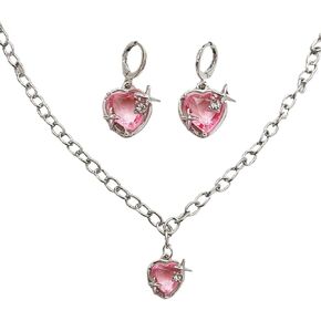 Y2K Style Pink Crystal Heart Jewelry Set - Trendy Pink Crystal Pendant Necklace and Drop Earrings for Women Girls Valentine's Day Jewelry