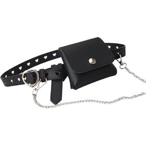 Women Grommet Leather Belt Punk Goth Chain Waist Belt for Jeans Dress Pants Mini Envelope Waist Bag
