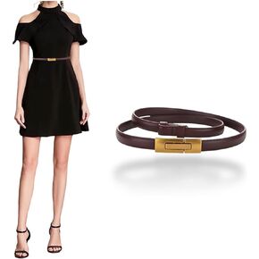 Women's Belt Adjustable Skinny Genuine Leather Belts For Dress Pants, Slim Waist Belt Gold Bronze Buckle Waistband