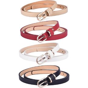 Skinny Women Leather Belt for Pants Jeans and Dress Clothing Ornament(Black White Red and Khaki 4pcs, 44-48" Range)