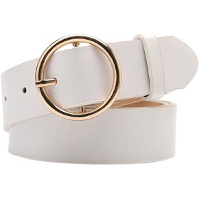 yaozeio Womens White Leather Belts for Ladies Gold Buckle Belt for Women Lady Waist Stretch Belts for Jeans Dresses Trousers Pu Leather Belt
