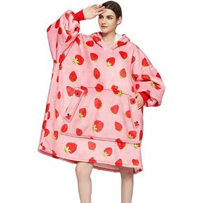 Winter Warm Oversized Hoodie Strawberry Sweatershirt with Kangaroo Pocket, Gift for Women, Pink Color with Strawberry Pattern